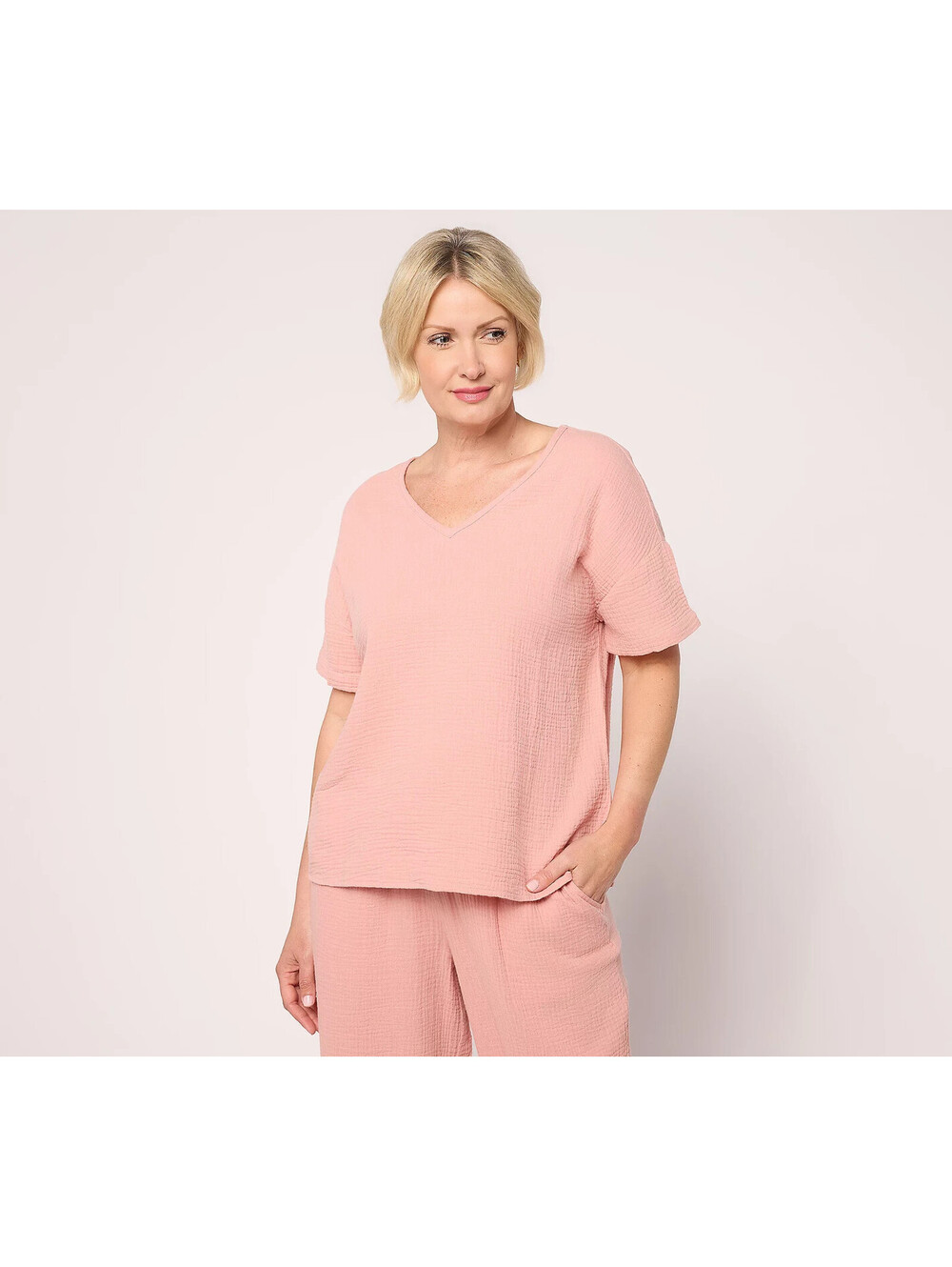 Peace Love World Boheme Elbow Sleeve V-Neck Dolman Sleeve Top Rose Tan, Medium